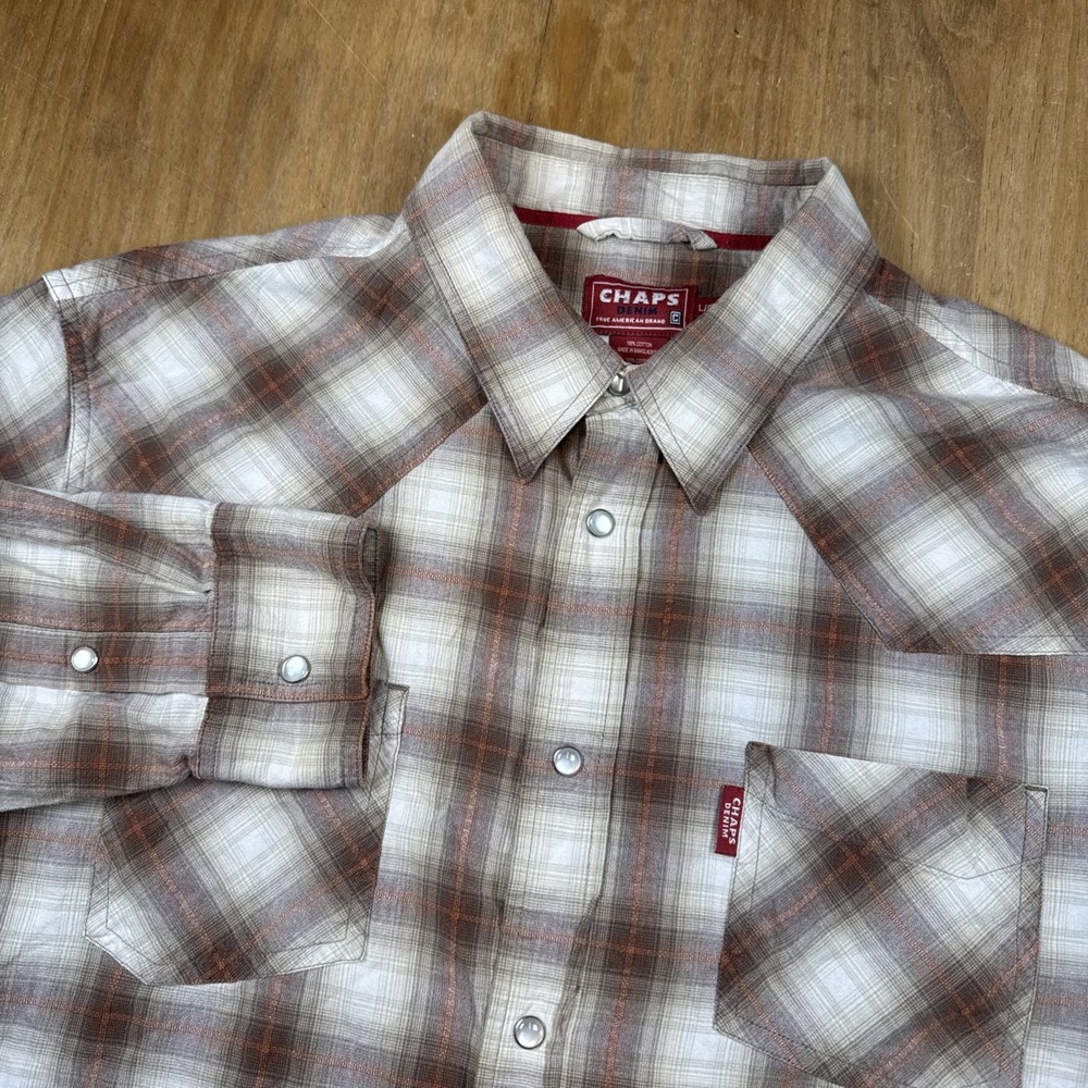 VTG Chaps Denim‎ Long Sleeve Western Pearl Snap Shirt Men's L Tan Plaid Cowboy